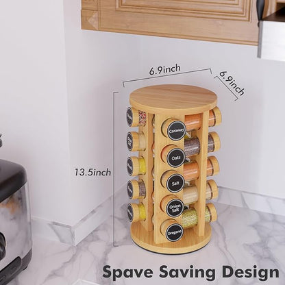 New England Stories Revolving Spice Rack Set with 20 Spice Jars, Kitchen Spice Tower Organizer for Countertop or Cabinet - Carousel Storage Includes 386 Spice Labels (Bamboo)