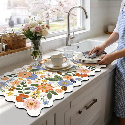 LOKHOM Scalloped Floral Dish Drying Mat, 17"x32" Super Absorbent Coffee Mat with Unique Spring Wildflowers, Cuttable Hide Stain Non-slip Drying Mat for Kitchen Counter Coffee Maker Espresso Machine