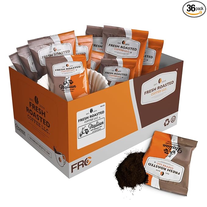 Fresh Roasted Coffee, Italian Roast Drip Ground Fractional Packs, Dark Roast, Kosher, 2.25 oz, 36 Count