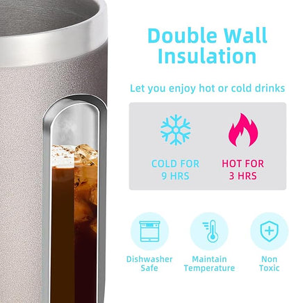 Volhoply 14oz Insulated Stainless Steel Coffee Mug with Leakproof Lid,Double Wall Vacuum Travel Coffee Cup with Handle,Reusable Metal Cups Tumbler, Camping Mugs Keep Hot/Cold,Ideal Gifts(Gray,1 Set)