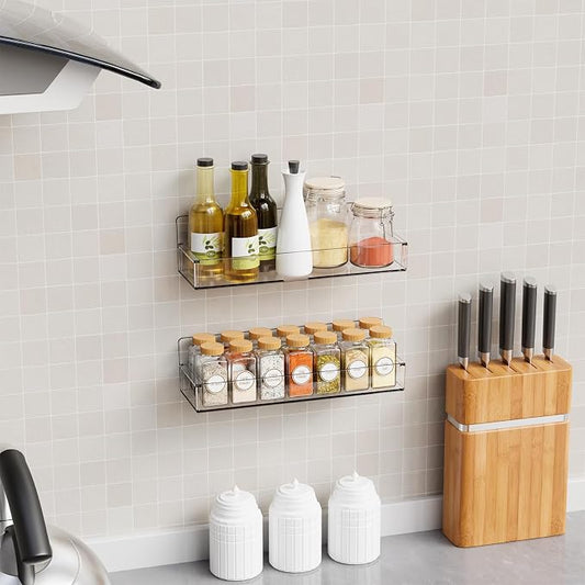 Yieach 2 Pack Acrylic Spice Shelf and Hanging Spice Rack Wall Mount with Adhesive for Inside Cabinets Door,Pantry Door,Kitchen and Rv,Narrow Stick on Spice Organization for Seasoning,Jar,Can Shelf