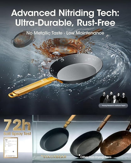 Carbon Steel Frying Pan 8 Inch, Nitrided Carbon Steel Breakfast Skillet, Preseasoned Rust Resistant Cookware, Induction & Oven Safe