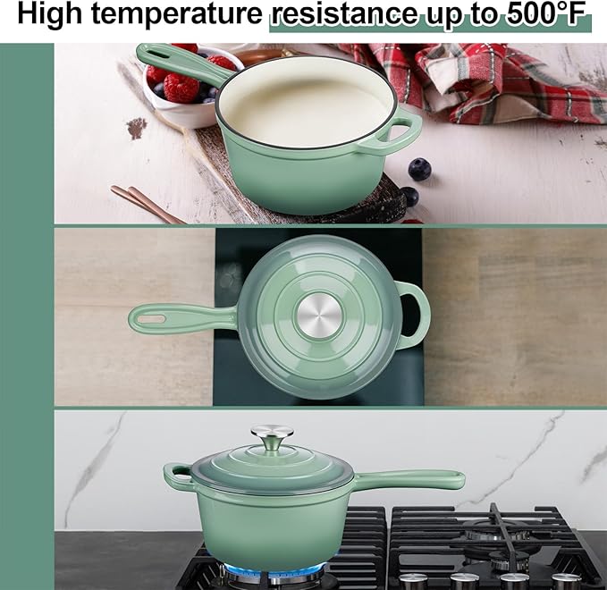 3 Quart Saucepan with Lid, Leonyo Enameled Cast Iron Sauce Pot, Large Enamel Cast Iron Dutch Oven Kitchen Cookware for All Cooktops Cooking Pasta, Soup, Milk - Up to 500°F & 8bs, Pistachio Green
