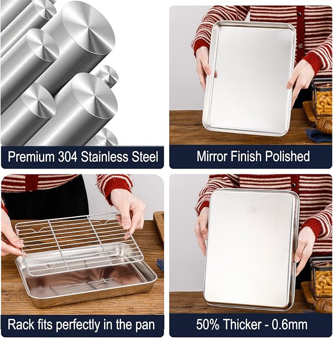 Quarter Deep Cookie Baking Sheet Pans with Cooling Wire Rest Rack Sets Pure 18/8 (304) Stainless Steel Small Serving Trays 12.4 x9.6 x1.1Inch Dishwasher Safe 2Pans & 2Racks