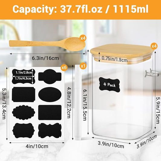 Glass Storage Jars with Airtight Lid - 4 Pack 37 Fl.oz Square Glass Jars with Bamboo Lids and Spoon, Includes Labels and Marker, Large Kitchen Canisters for Cereal, Flour, Sugar Coffee Container