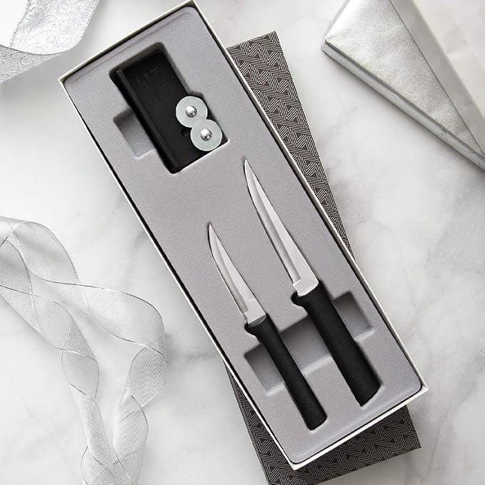 Rada Cutlery Paring Plus Sharpener Set (G236), 3-Piece Knife Set with Quick Edge Knife Sharpener, Stainless Steel Blades, Black Handle
