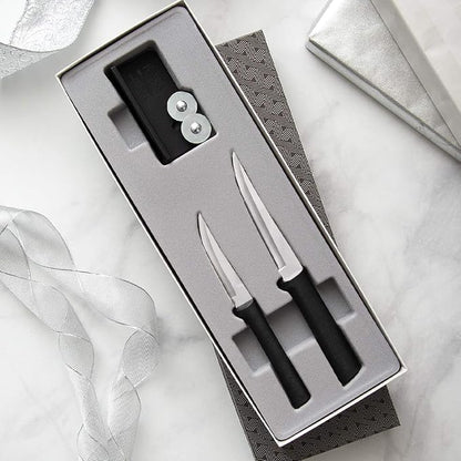 Rada Cutlery Paring Plus Sharpener Set (G236), 3-Piece Knife Set with Quick Edge Knife Sharpener, Stainless Steel Blades, Black Handle