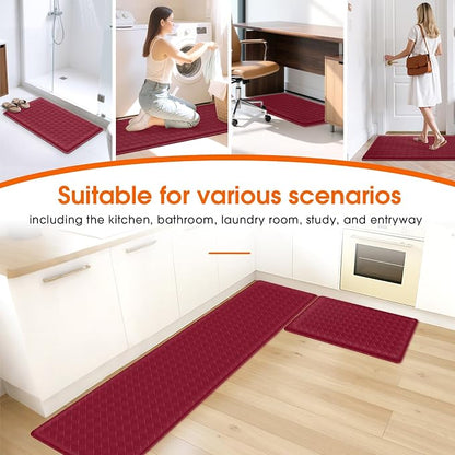 TranquilRelax 2-Piece Anti-Fatigue Kitchen Mats, Cushioned Non-Slip Waterproof Sink & Stove Floor Mats, Comfortable Standing Rug Set for Kitchen, Laundry & Entryway, Red