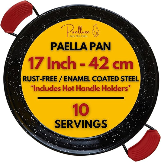 Paelluxe Paella Pan – Enamelled, No-Rust Steel Skillet for Propane & Gas Burners – Easy-to-Clean Pan for Indoor & Outdoor Cooking – Cacerola Paellera Sarten – 17 Inch, for 10 Servings