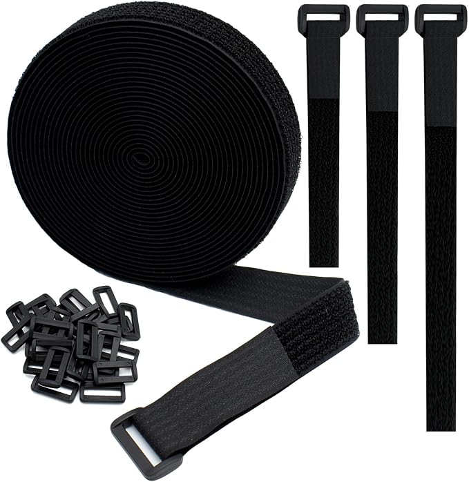 YiwerDer 1"x20FT Hook and Loop Straps, with 30 Plastic Buckles, Adjustable Fastening Cable Straps, Cut-to-Length Cinch Strap, Reusable Nylon Securing Cord Ties for Organizer or Storage - Black