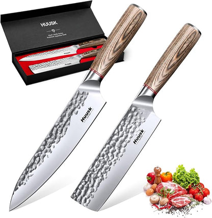 Huusk Japanese Kitchen Knife Set of 2 - Professional Chef Knives Set for Kitchen, Hand Forged Nakiri Vegetable Chopping Knife, Meat Cleaver Knife Set for Meat Cutting, Fathers Day Gift Idea for Dad