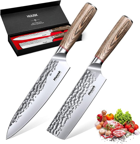 Huusk Japanese Kitchen Knife Set of 2 - Professional Chef Knives Set for Kitchen, Hand Forged Nakiri Vegetable Chopping Knife, Meat Cleaver Knife Set for Meat Cutting, Fathers Day Gift Idea for Dad