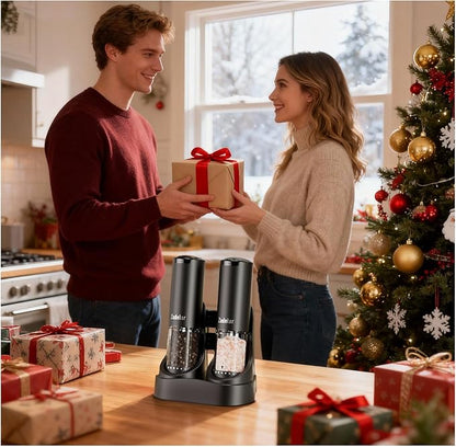 Electric Rechargeable Salt and Pepper Grinder Set,Automatic Pepper Mill Grinder with USB C Charging Dock,Upgraded 95ml Large Capacity,Adjustable Coarseness,LED Light,High-end Black