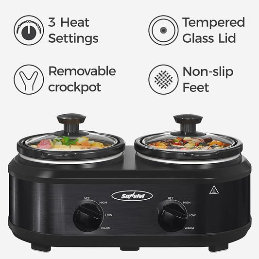2 * 1.25 Quarts Dual Slow Cooker, Buffet Server & Warmer with 2 Removable Ceramic Pots, 3 Adjustable Temp Settings & 2 Visible Glass Lids, Stainless Steel, Black
