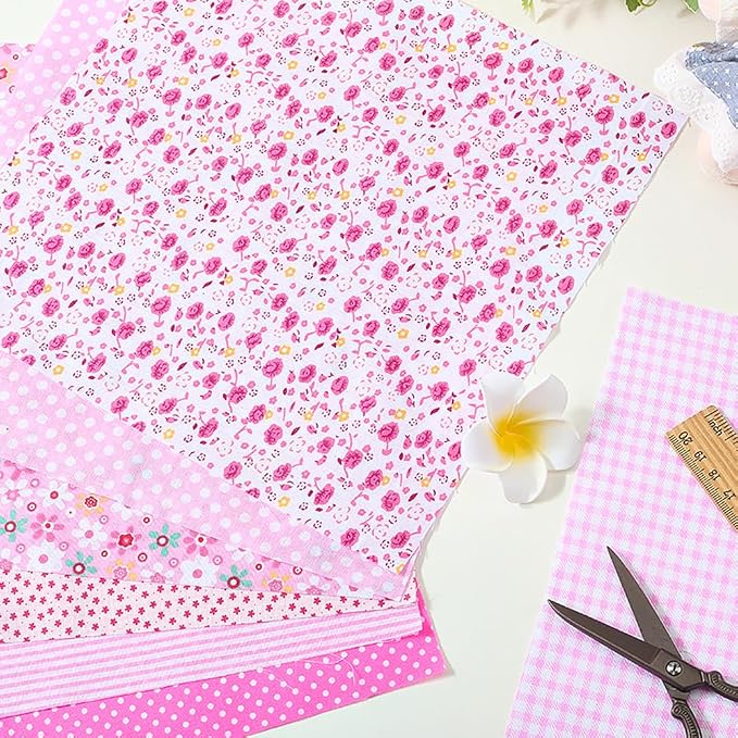7Pcs Pink Printed Squares Fabric Patchwork Soft Cotton Square Fabrics Flower Polka Dot Stripe Print Vintage Cloth Bundle for Sewing Making Clothing Dress Decor Scrapbooking DIY Craft Supply