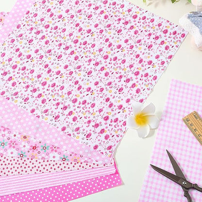 7Pcs Pink Printed Squares Fabric Patchwork Soft Cotton Square Fabrics Flower Polka Dot Stripe Print Vintage Cloth Bundle for Sewing Making Clothing Dress Decor Scrapbooking DIY Craft Supply