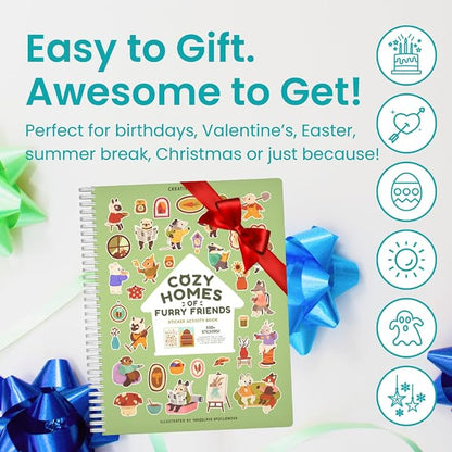 Cozy Homes of Furry Friends 500+ Sticker Book by Cupkin Fun Toddler Calendar Activity Coloring + Sticker Book, Road Trip Essentials, 12 Coloring Pages + Scenes for Ages 2–8 Years
