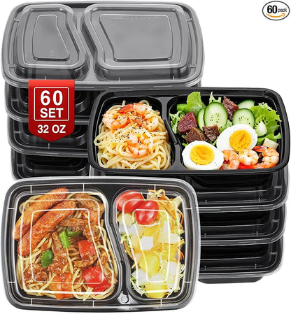 NEEBAKE 60 Sets 32oz Meal Prep Containers 2 Compartment - Plastic Food Storage Containers 2 Compartments with Lids