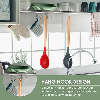 Patelai 2 Pcs Silicone Nonstick Cooking Spoon 12.4" Large Wooden Handle Mixing Spoon Heat Resistant Utensil Spoons for Kitchen Baking, Mixing, Serving and Stirring(Red, Gray)