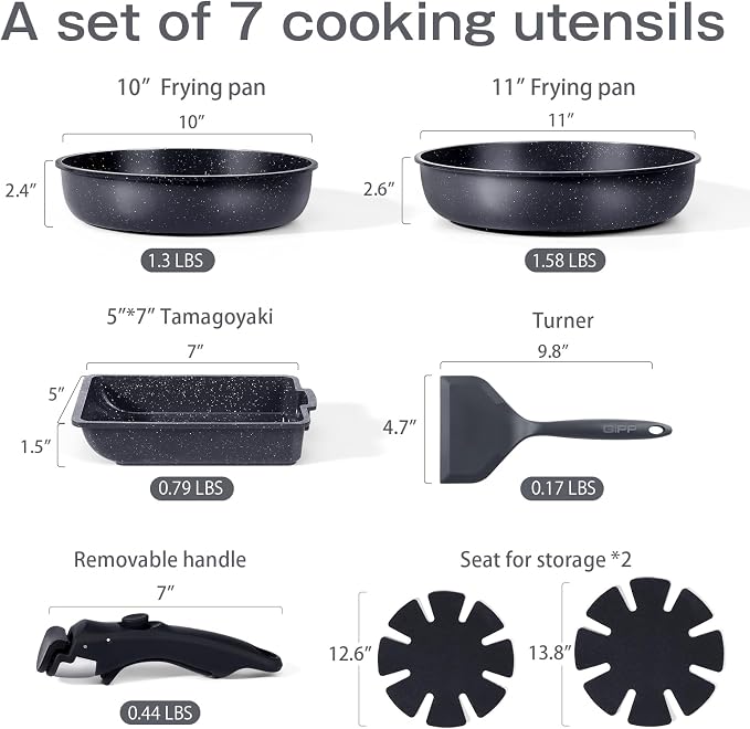GiPP Ceramic Pots and Pans Set Non Stick, Nonstick Detachable Handle Cookware Sets, Non Toxic Induction Kitchen Pot and Pan with Removable Handle, Healthy RV Cookware, Dishwasher ＆Oven Safe, 7 Piece