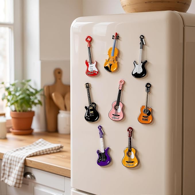 Renmxj 8 Pcs Mini Guitar Magnets for Fridge, Cute Tiny Decorative Fridge Magnets, for Kitchen Refrigerator Office Locker Decoration(Multicolor)
