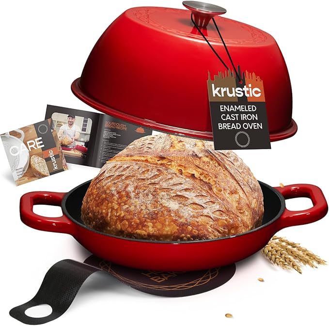 Krustic Enameled Cast Iron Dutch Oven for Sourdough Bread Baking | 6 Quart Round Pot with Lid | 10 Inch Ceramic Enamel Thick Coated Cookware Set with Non Stick Silicone Baking Mat for Cooking | 6 Qt | Red