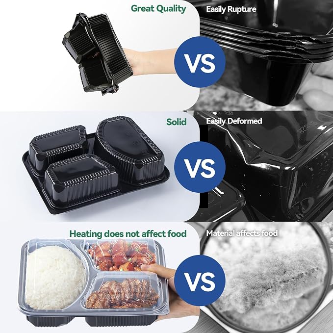 3-Compartment To Go Containers - Shrink-Wrapped No Pre-Wash 38oz | 40 Pack Ready to Use Leak-Resistant | BPA Free Shatterproof Flexible PP | Microwave Safe, Bulk Catering & Leftover Storage