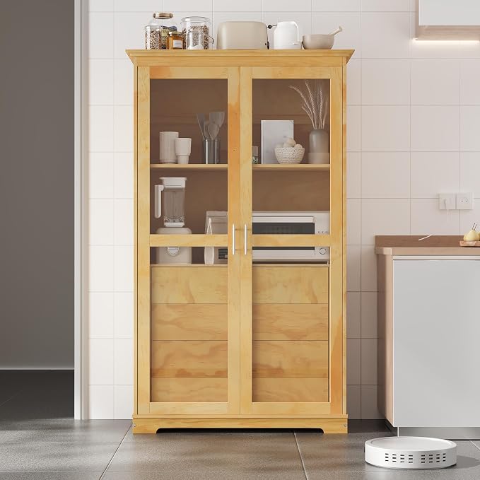 VilroCaz 75'' Tall Kitchen Pantry, Wood Freestanding Kitchen Storage Cabinet Display Cabinet with Glass Doors and 4 Built-in Drawers for Living Room Home Office (Natural-6.21)