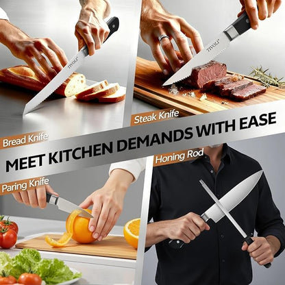 TIVOLI 2025 Knife Set 15 PCS High Carbon Stainless Steel Kitchen Knife Sets with Block & Honing Rod, Premium Razor-Sharp Black Knives Block Set for Kitchen, Ergonomic Full-Tang Handle