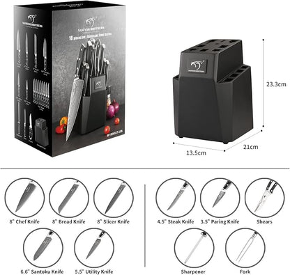 NANFANG BROTHERS 18-Piece Damascus Kitchen Knife Sets, 67-layer Japanese Damascus Steel Heat-Treated and Forged, ABS Ergonomic Handle, Ultra Sharp Chef Knife Block Set with Sharpener