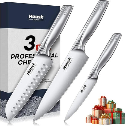 Huusk 3 Pieces Knife Set - Japanese Stainless Steel Kitchen Knife Sets, Professional Ultra Sharp Chef Knives Set with Ergonomic Handle, Gift for Birthday, Gifts for Men and Women