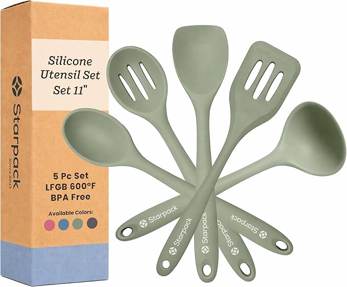 Starpack Stir and Serve Silicone Cooking Utensils Set (5-Piece, 11") - LFGB Non Toxic, 600°F Heat Resistant, BPA-Free - One-Piece Seamless, Dishwasher Safe - for Nonstick Cookware, Sage Green
