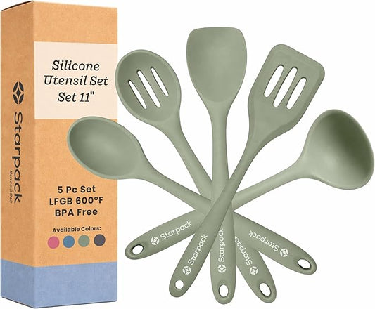 Starpack Stir and Serve Silicone Cooking Utensils Set (5-Piece, 11") - LFGB Non Toxic, 600°F Heat Resistant, BPA-Free - One-Piece Seamless, Dishwasher Safe - for Nonstick Cookware, Sage Green