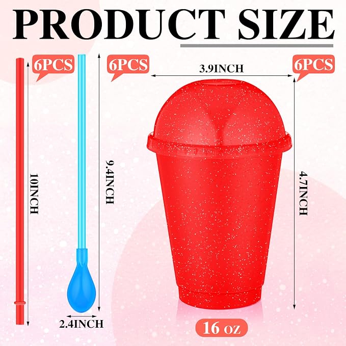 6 Set Slushie Cups with Dome Lids and Straws Detachable Spoon Straws Reusable Plastic Iced Coffee Cups Smoothie Tumbler for Birthdays Summer Party Supplies(Red,16 oz)