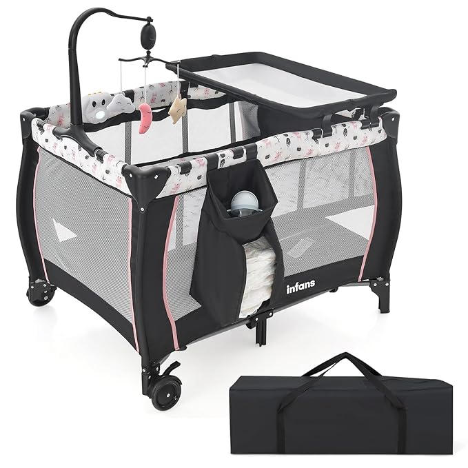 INFANS 3 in 1 Pack and Play, Portable Travel Baby Bassinet with Detachable Mattress, Changing Table, Foldable Playpen with Carry Bag, 2 Wheels (Cartoon)