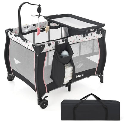 INFANS 3 in 1 Pack and Play, Portable Travel Baby Bassinet with Detachable Mattress, Changing Table, Foldable Playpen with Carry Bag, 2 Wheels (Cartoon)