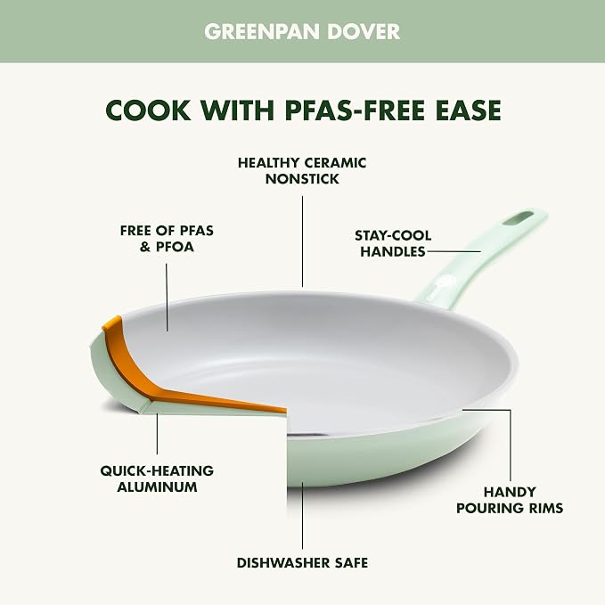 GreenPan Dover Healthy Ceramic Nonstick, 12 Piece Cookware Pots and Pans Set, PFAS-Free, Dishwasher Safe, Comfort Grip Handle, Pastel Green