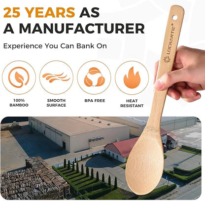 Wooden Spoons for Cooking Bamboo Utensils Set (6 Pieces) - Essential Tools Wooden Spoons & Spatula for Everyday Stirring, Mixing, Flipping & Serving, Gentle on Nonstick Cookware
