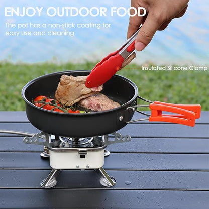 18Pcs Camping Cookware Mess Kit, Non-Stick Lightweight Camping Pots and Pans with 1.1L Kettle, 2 Set Stainless Steel Cups Plates Forks Knives Spoons for Backpacking, Hiking, Outdoor Cooking