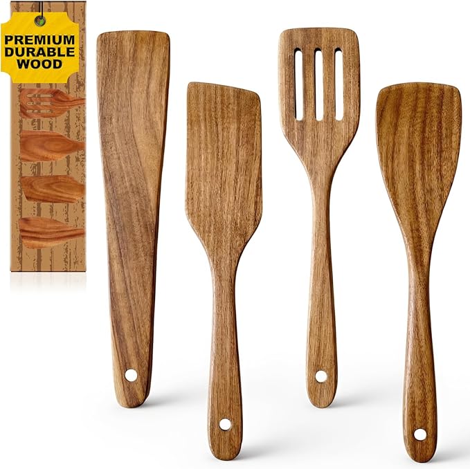 Best Non Toxic Wooden Spatula for Cooking Utensil Set Acacia Wood Spatula Set of 4, Bamboo Cooking Spoon Flat Slotted Turner Spatulas for Kitchen Use Cast Iron Scraper Spurtle Thin Egg Flipper Spatula
