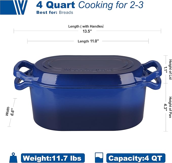 VORRINGARD Oval Dutch Oven Pot with Lid, Enamel Coating Cast Iron Bread Pans for Homemade Sourdough Bread Baking, Cooking, 4 Quart, Blue