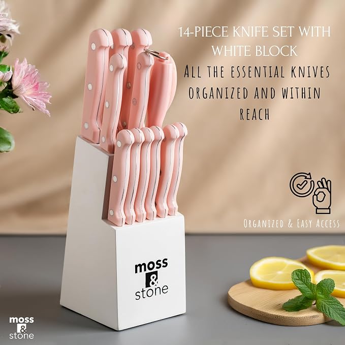 Moss & Stone Pink 14 Pcs Knife Block Set Stainless Steel, Premium Forged Kitchen Knives Set with High-Carbon Blades, Ergonomic Handle, Sharp Blade, Rust Resistant, Modern Style for Home & Chef