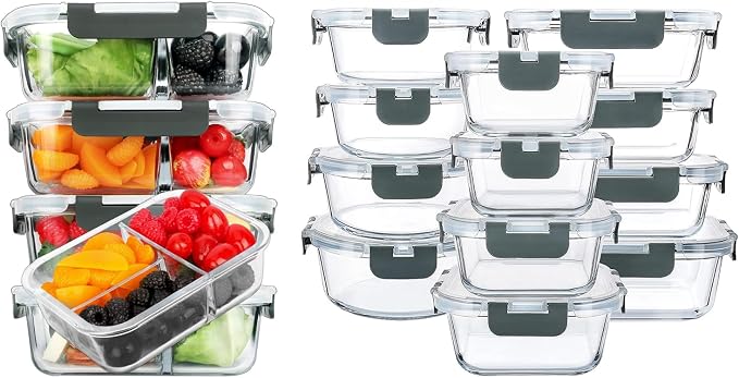 M MCIRCO 36 oz 3 Compartments Glass Meal Prep Containers set of 5 and 24Pcs Glass Food Storage Containers Set