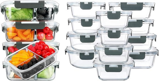 M MCIRCO 36 oz 3 Compartments Glass Meal Prep Containers set of 5 and 24Pcs Glass Food Storage Containers Set