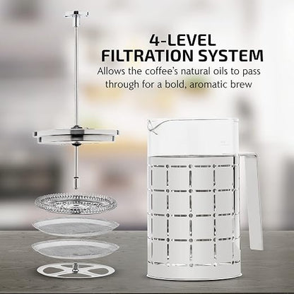 OVENTE French Press Coffee Maker 34 Ounce with Heat Resistant Borosilicate Glass, Stainless Steel Design and 4-Level Filter System, Portable Cold Brewer Pot for Travel, Camping or Gift, Silver FSS34P
