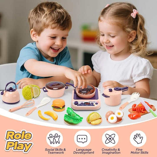 CUTE STONE Kids Kitchen Accessories, Toy Pots & Pans Set with Sound & Light Induction Cooktop, Cuttable & Peelable Play Food, Play Cookware, Educational Role Play Gift for Toddlers & Kids Ages 3+