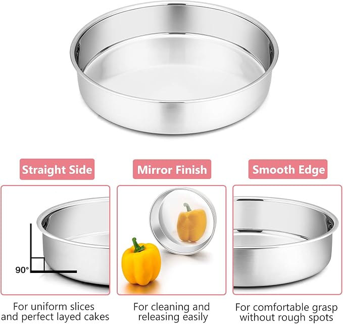 P&P CHEF Cake Pan Set of 3, 4" + 6" + 8" Round Baking Layer Tier Cake Pans Tins, Stainless Steel Bakeware for Birthday Weeding, Heavy Duty & Non Toxic, Mirror Finish & Dishwasher Safe