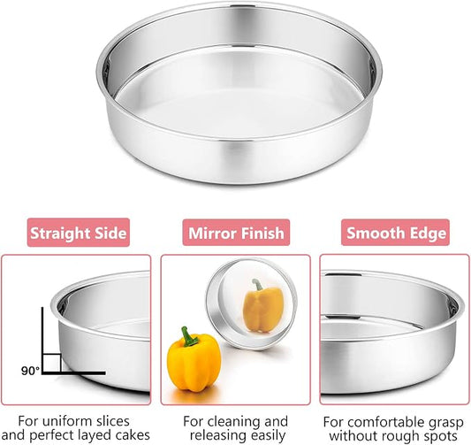 P&P CHEF Cake Pan Set of 3, 4" + 6" + 8" Round Baking Layer Tier Cake Pans Tins, Stainless Steel Bakeware for Birthday Weeding, Heavy Duty & Non Toxic, Mirror Finish & Dishwasher Safe