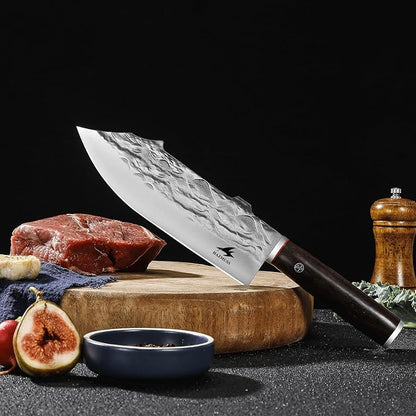 Professional Forged Butcher Knife, Sharp 8-inch High Carbon Stainless Steel Blade for Meat-Cleavers, Ash Wood Handle, with Leather Sheath Great for Home, Camping, BBQ