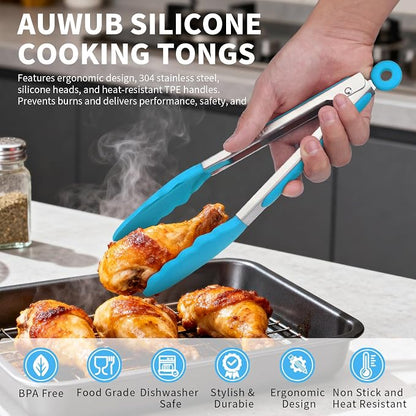 Silicone Salad Tongs - 12 Inch, 304 Stainless Steel Core & Non-Slip Grip, Blue Color, Kitchen Utensils for Grilling Salad